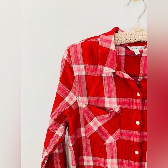 Lucky brand | red, white and pink plaid button down top | size large - Picture 3 of 6